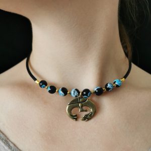 Пацеркі з падвескай "Цмок" і натуральнымі камянямі (агат чорна-сіні, гематыт)