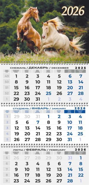 Квартальны каляндар на 2026 год "Коні"