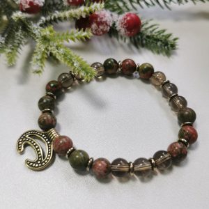 Бранзалетка з Лунніцай і натуральнымі камянямі (унакіт, дымчаты кварц, гематыт)