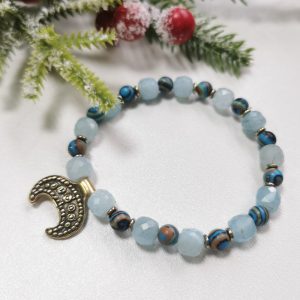 Бранзалетка з Лунніцай і натуральнымі камянямі (аквамарынавы халцэдон, гематыт, малахіт штучны)